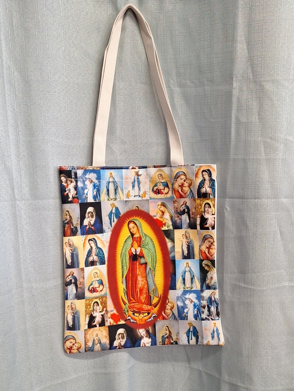 Religious Print Tote Bag with Virgin Mary Design - Multicolor